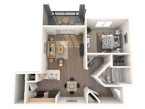 A 3D floor plan of a small apartment with a kitchen, living room, and bathroom.